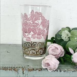 Vintage Federal Glass Tumbler Pink Dogwood Flower MCM Glassware Valentine SET 6